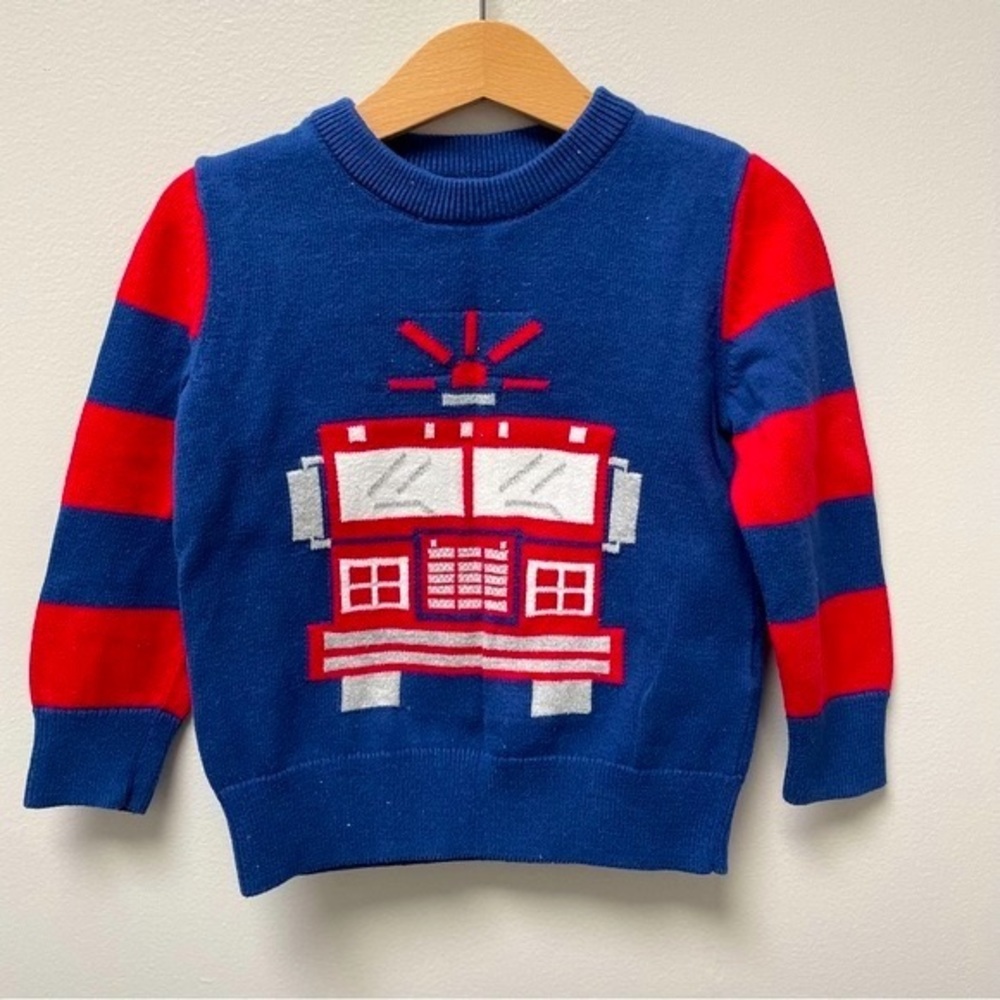 Baby Gap fire truck sweater, embroidered, navy red